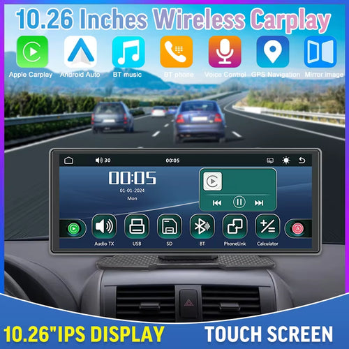 10.26-Inch Wireless CarPlay & Android Auto Portable GPS Navigation Display - Upgrade Your Car's Central Control Screen!