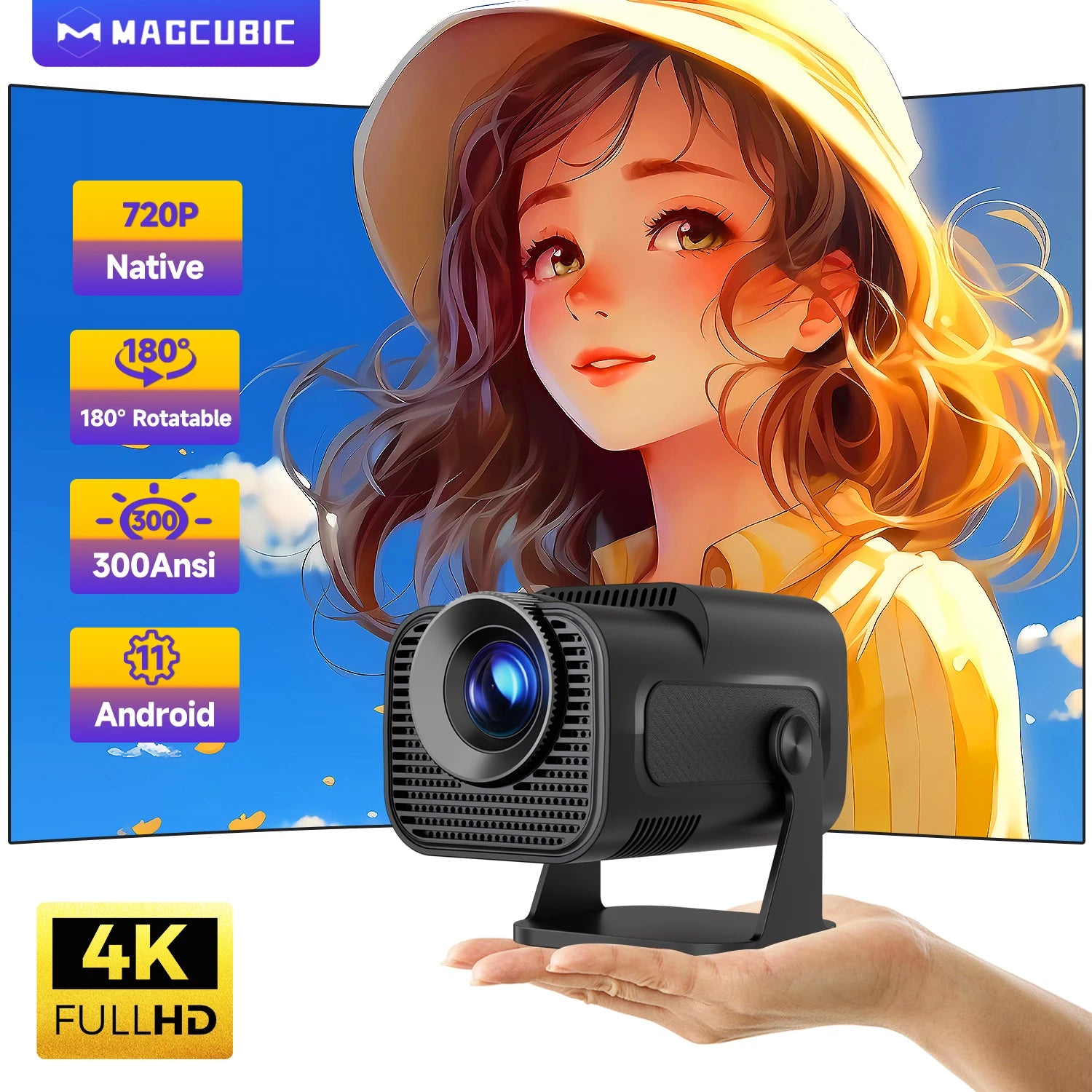 HY320 Mini 720P Android 11 4K Projector - 300 ANSI, Wifi6, BT5.0, Portable & 180° Rotatable for Outdoor Cinema Fun!